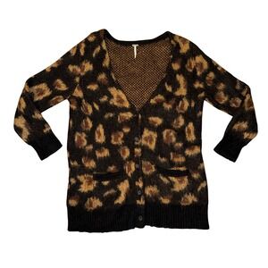 Free People Cardigan Sweater Women‎ Medium Brown Leopard Print Fuzzy Wool